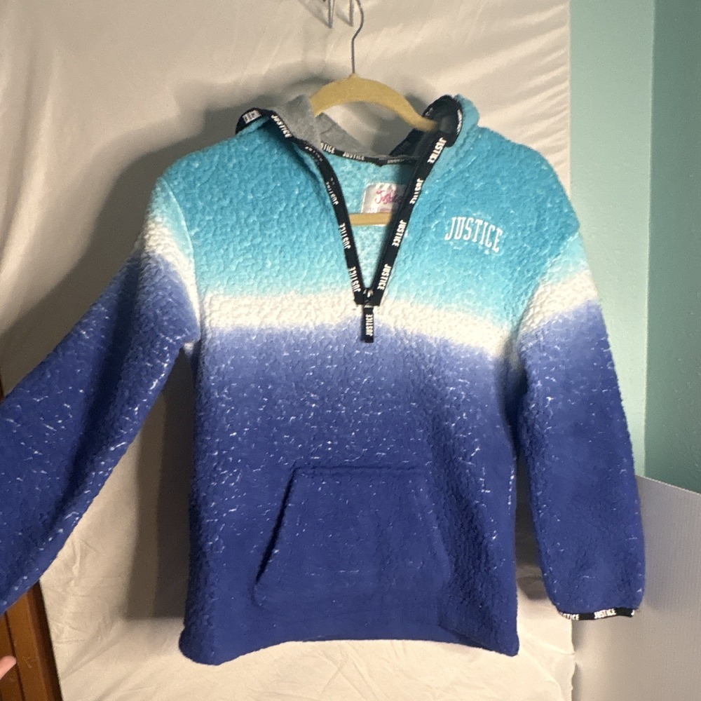 Justice Girls Blue Ombre Sherpa Fleece Hoodie Pullover Logo Trim Size 10 105